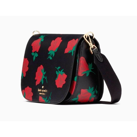 New Kate Spade Madison Rose Toss Printed Saddle Bag Crossbody Black Multi - Picture 5 of 5